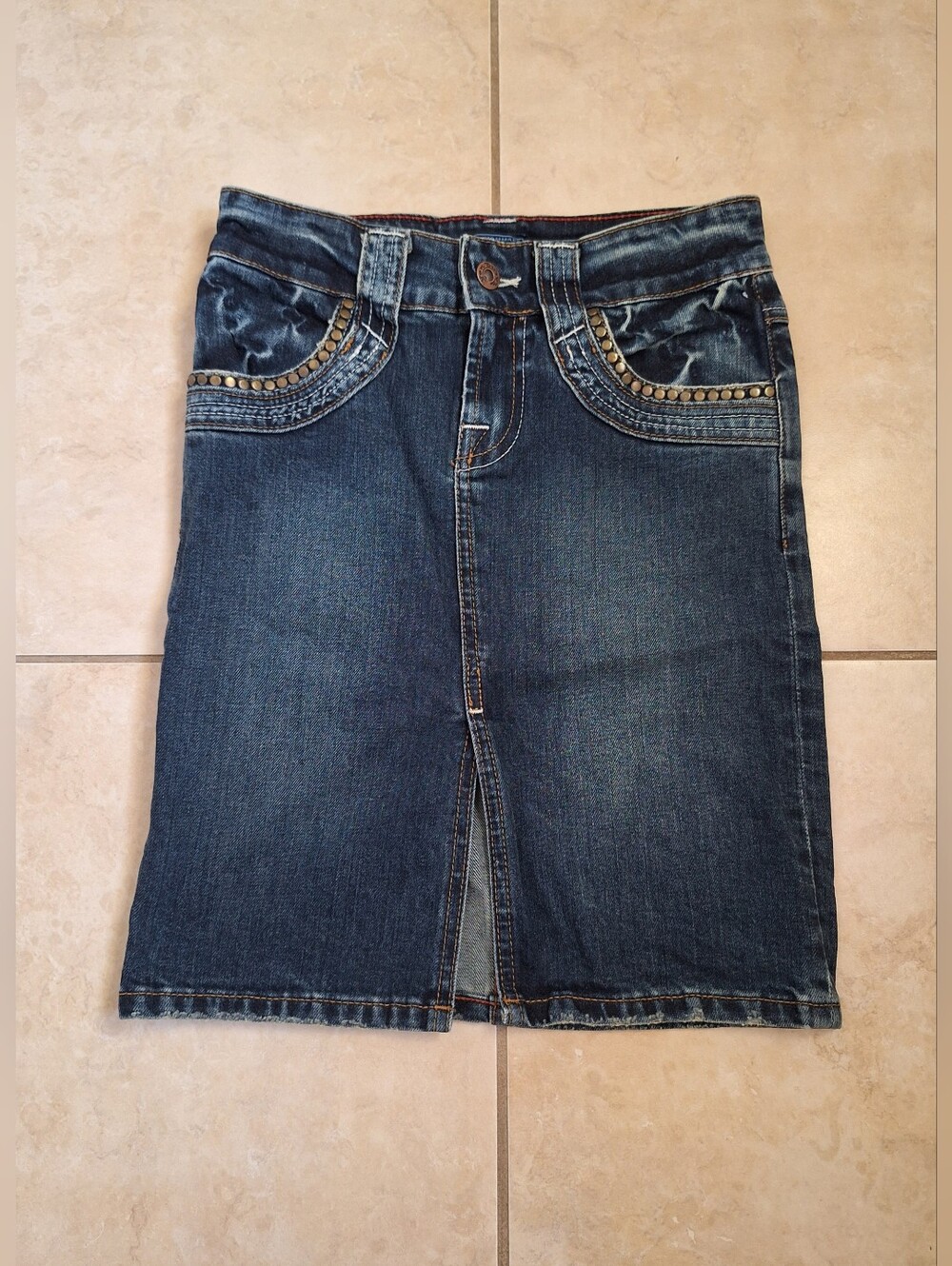 Von Dutch Y2K Denim Skirt Pencil Gold Studded Americana Vintage Womens XS